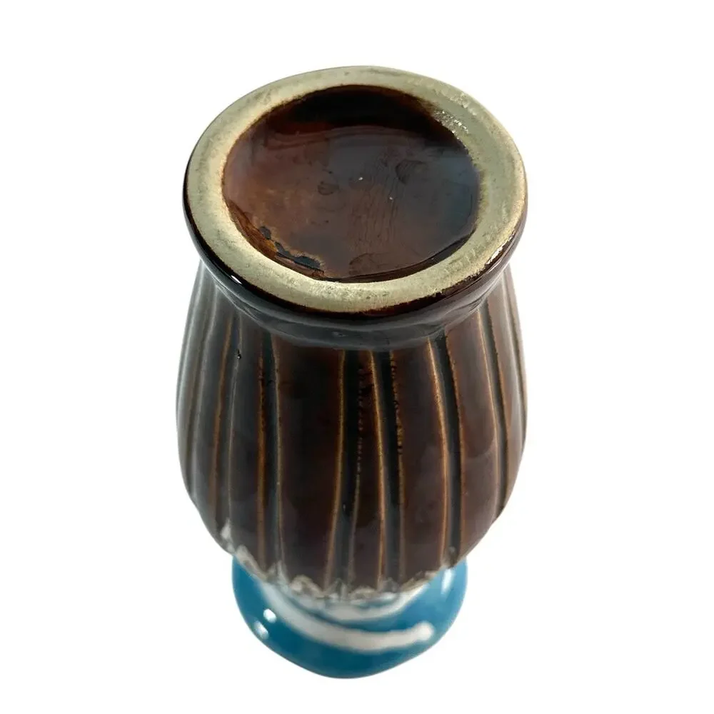 Vintage Art Pottery Vase Brown Turquoise Drip Glaze Fluted Ribbed 5.25”